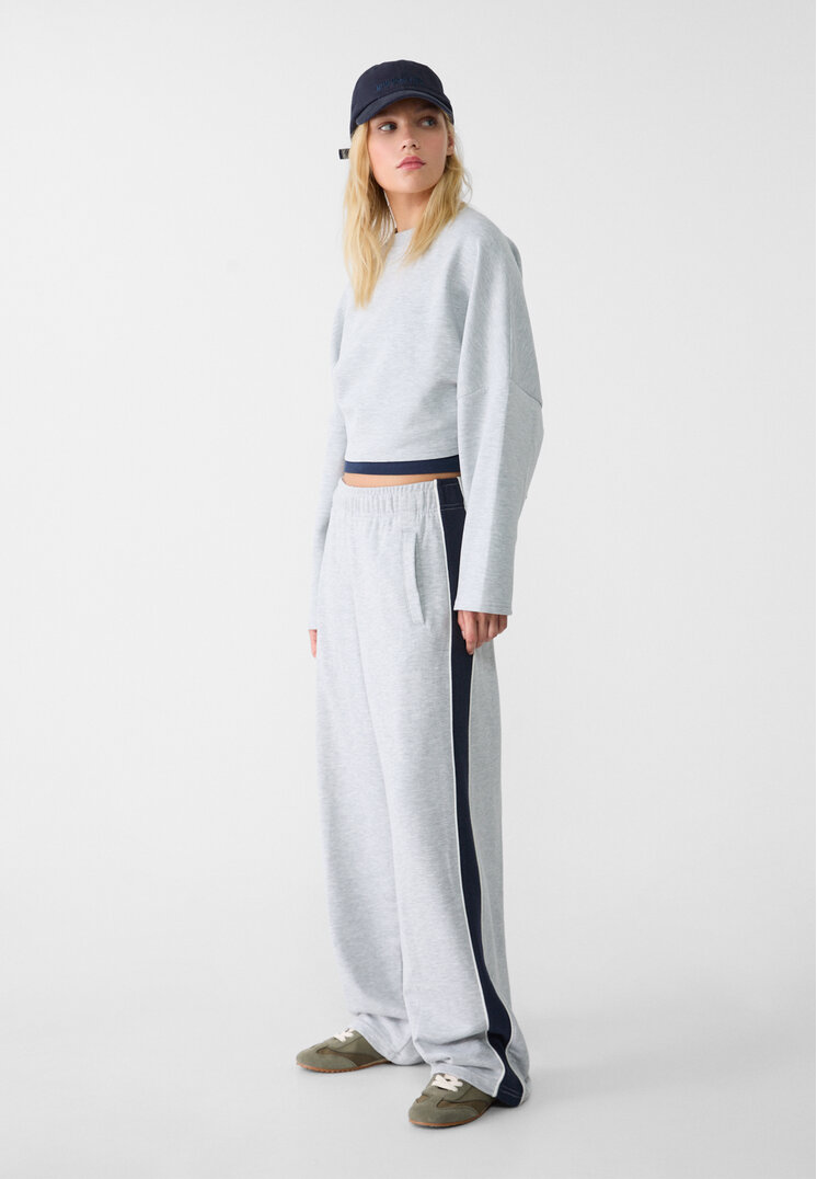 Stradivarius Pantalon Flaușați Cu Dungă Laterală Gris Amestec M