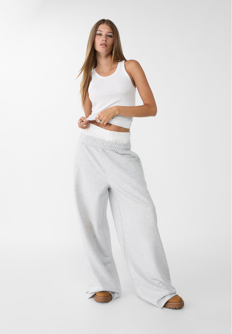 Stradivarius Pantaloni Largi Flaușați Cu Paspoal Gris Amestec M