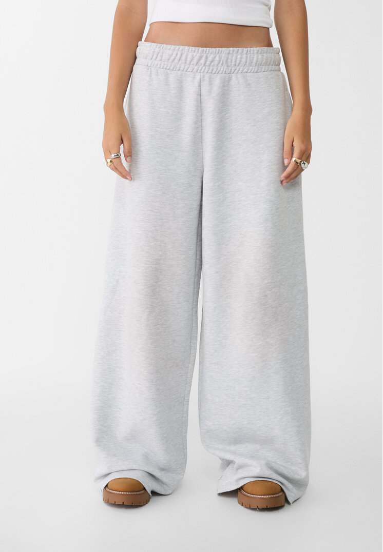 Stradivarius Wide-leg plush trousers with trim detail  Grey melange XS