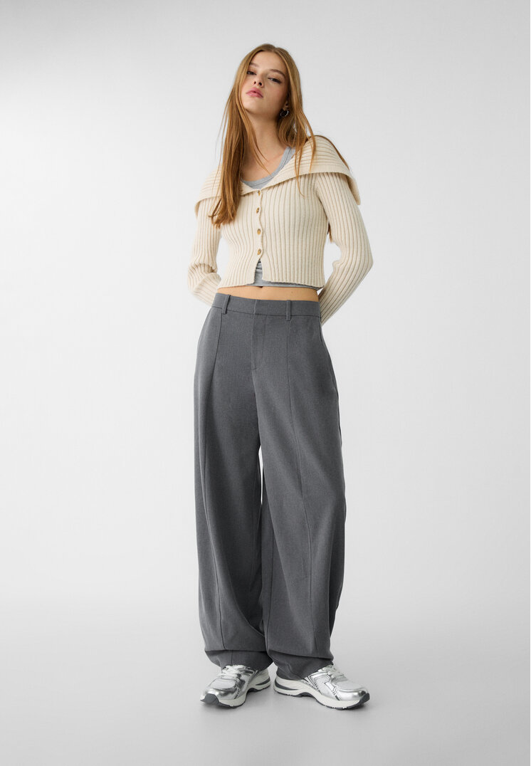 Stradivarius Pantaloni Eleganți Baggy Cusătură Pe Mijloc Gri Închis 38