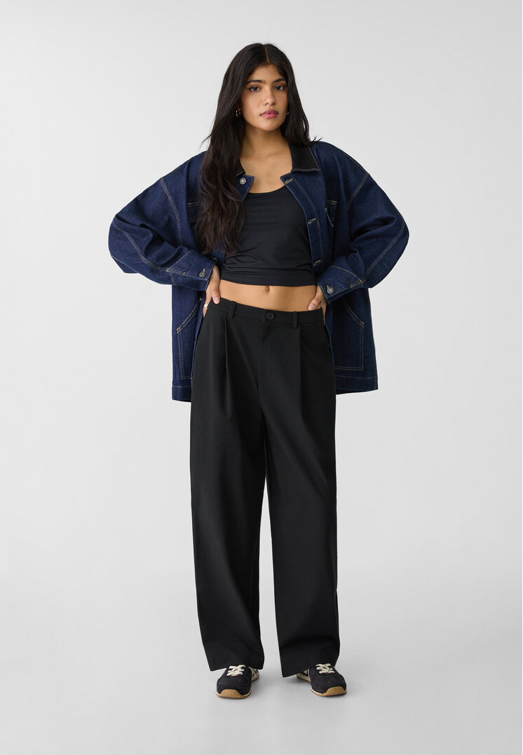 Stradivarius Pantaloni Eleganți Baggy Cu Pense Negru 36