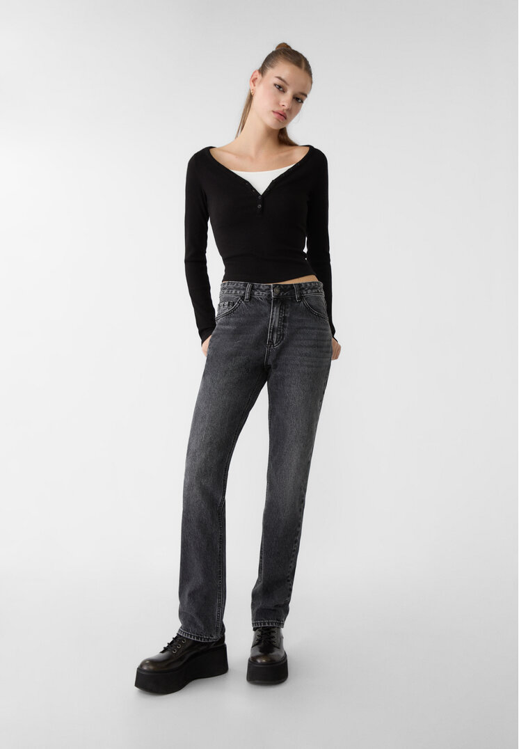 Stradivarius Blugi Straight Fit Denim Negru 40