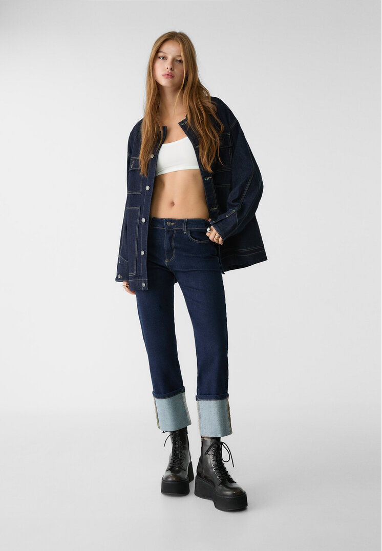 Stradivarius Blugi Capri Cu Manșetă Întoarsă Denim Albastru 32