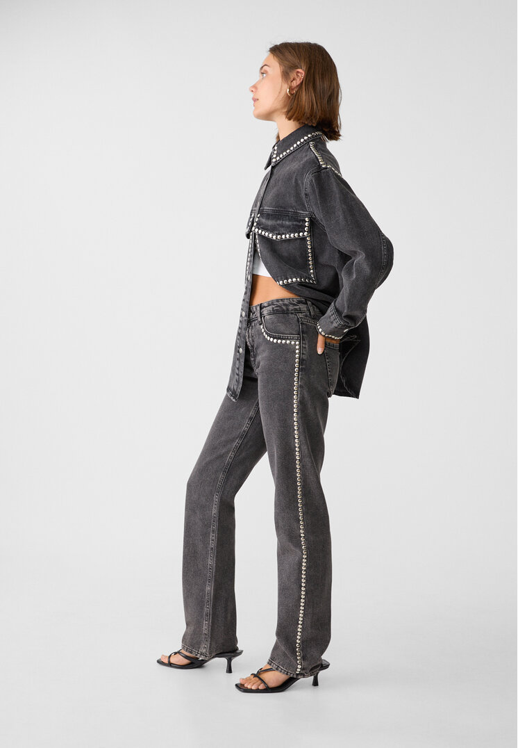 Stradivarius Blugi Straight Fit Cu Ținte Denim Negru 42