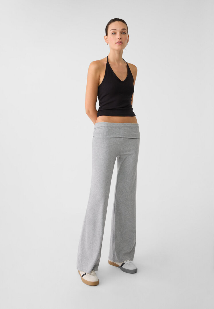 Stradivarius Hose Wide-Leg umgeschlagener gerippter Bund Grau Melange XL