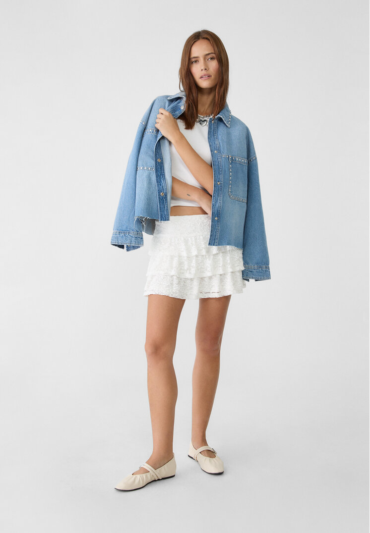 Stradivarius Fustă-Pantalon Vaporoasă Din Dantelă Ecru S