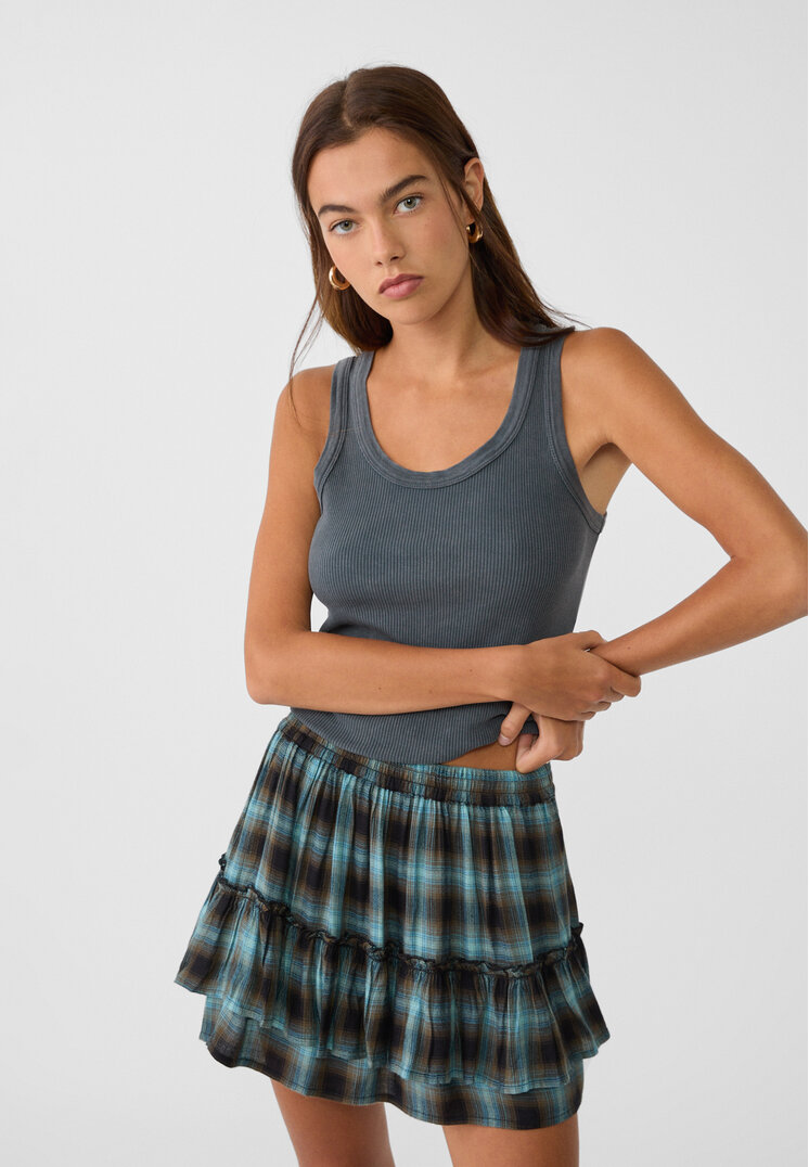 Stradivarius Fustă Scurtă Vaporoasă În Carouri Albastru Xl