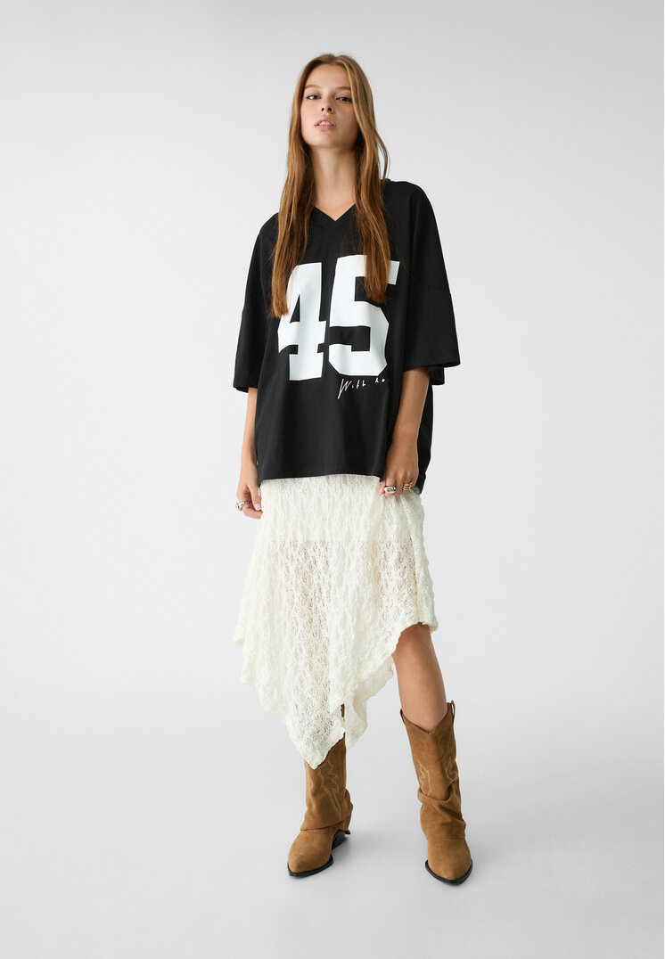 Stradivarius Fustă Asimetrică Dantelă Ecru Xl