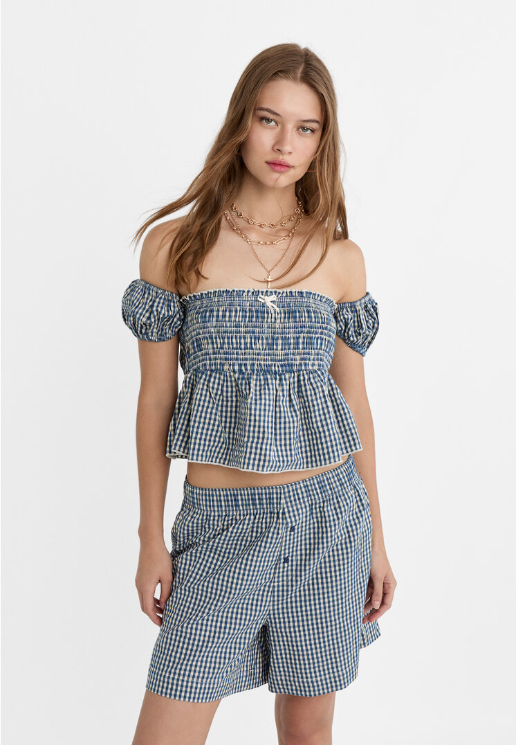 Stradivarius Pantaloni Scurți Stil Boxer În Carouri Vichy Bleumarin S