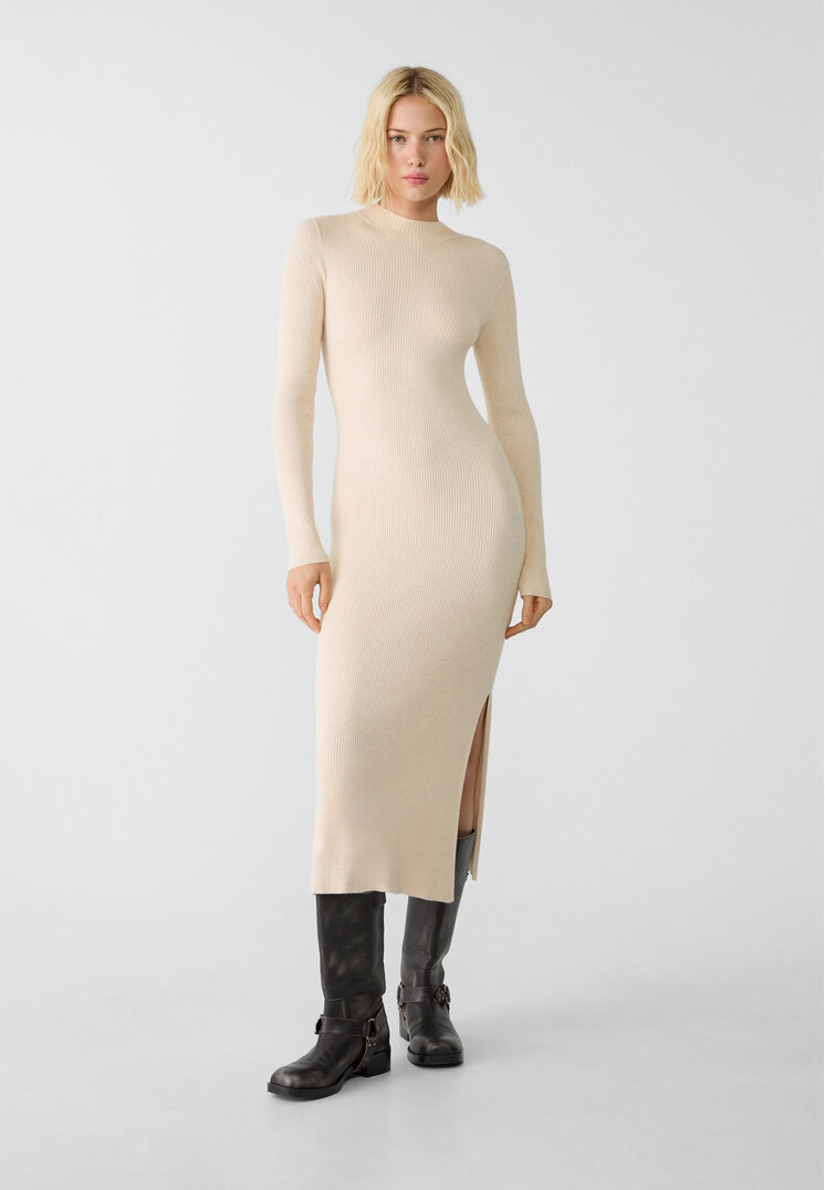 Stradivarius Rochie Midi Din Tricot Cu Guler Perkins Piatră M