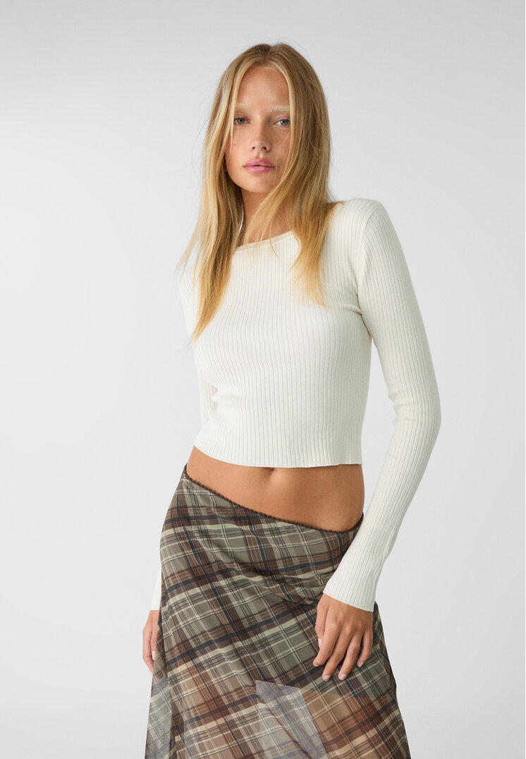 Stradivarius Pulover Simplu Din Tricot Ecru S