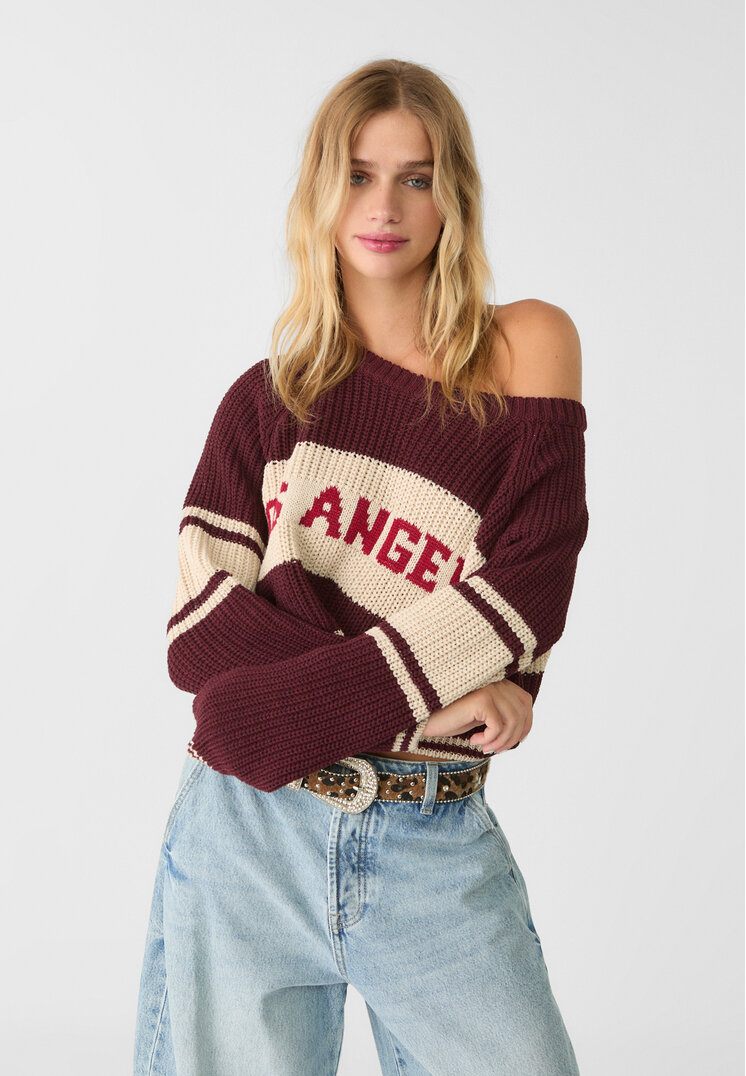 Stradivarius Pulover Din Tricot Cu Dungi Grena Xl