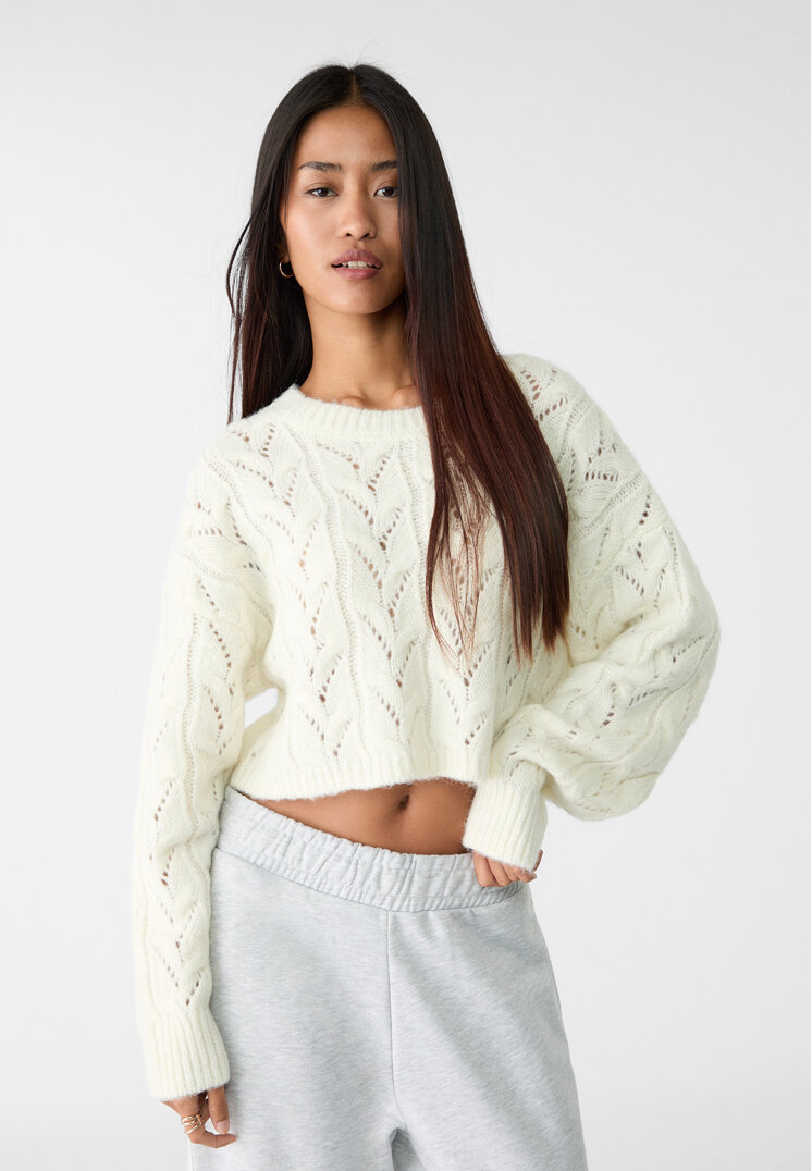 Stradivarius Pulover Scurt Din Tricot Cu Torsade Ecru Xl