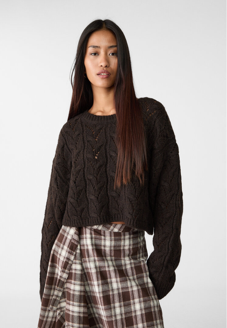 Stradivarius Pulover Scurt Din Tricot Cu Torsade Maro Xl