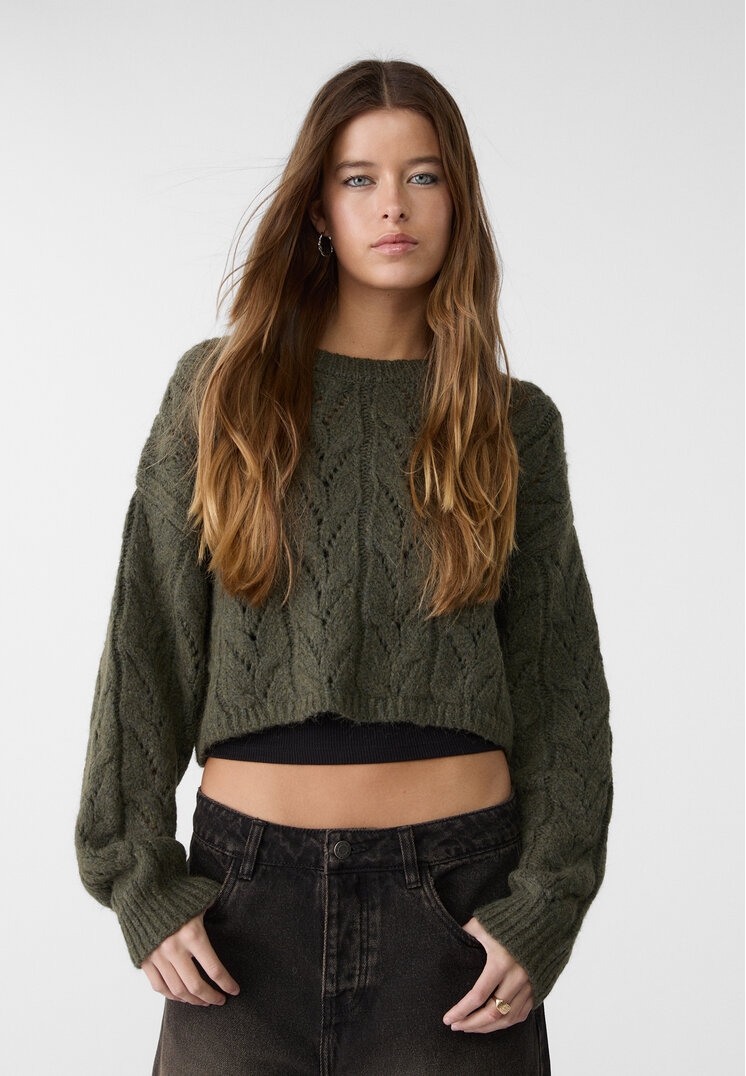 Stradivarius Pulover Scurt Din Tricot Cu Torsade Kaki L