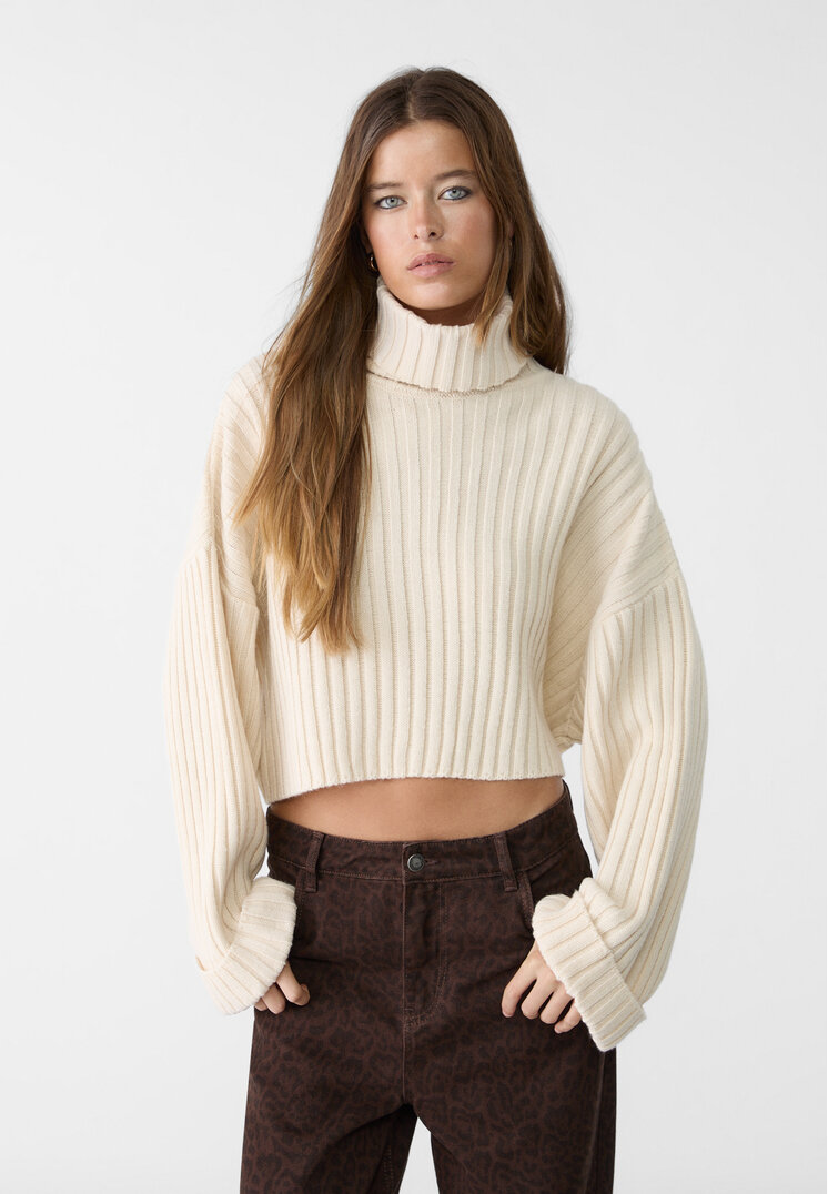 Stradivarius Pulover Din Tricot Cu Guler Înalt Bej Xs