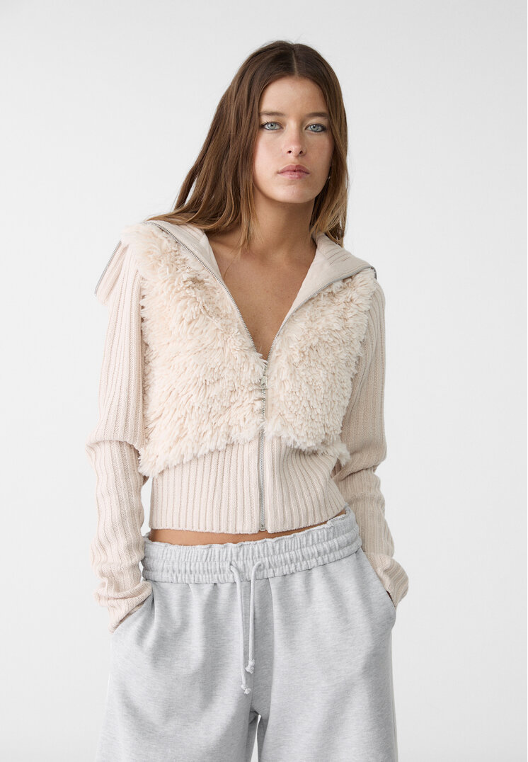 Stradivarius Jachetă Din Tricot Combinată Cu Imitație De Blană Bej S