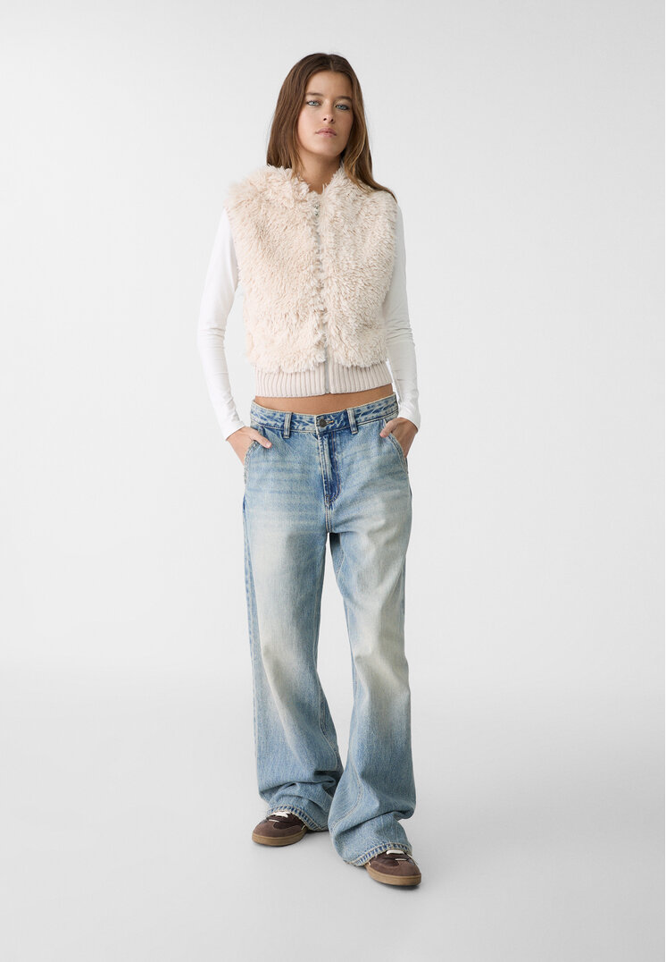 Stradivarius Gilet in maglia combinato pelliccia sintetica  Beige S
