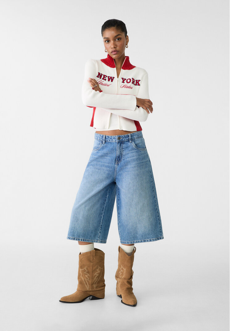 Stradivarius Knit cardigan with contrast embroidery White L