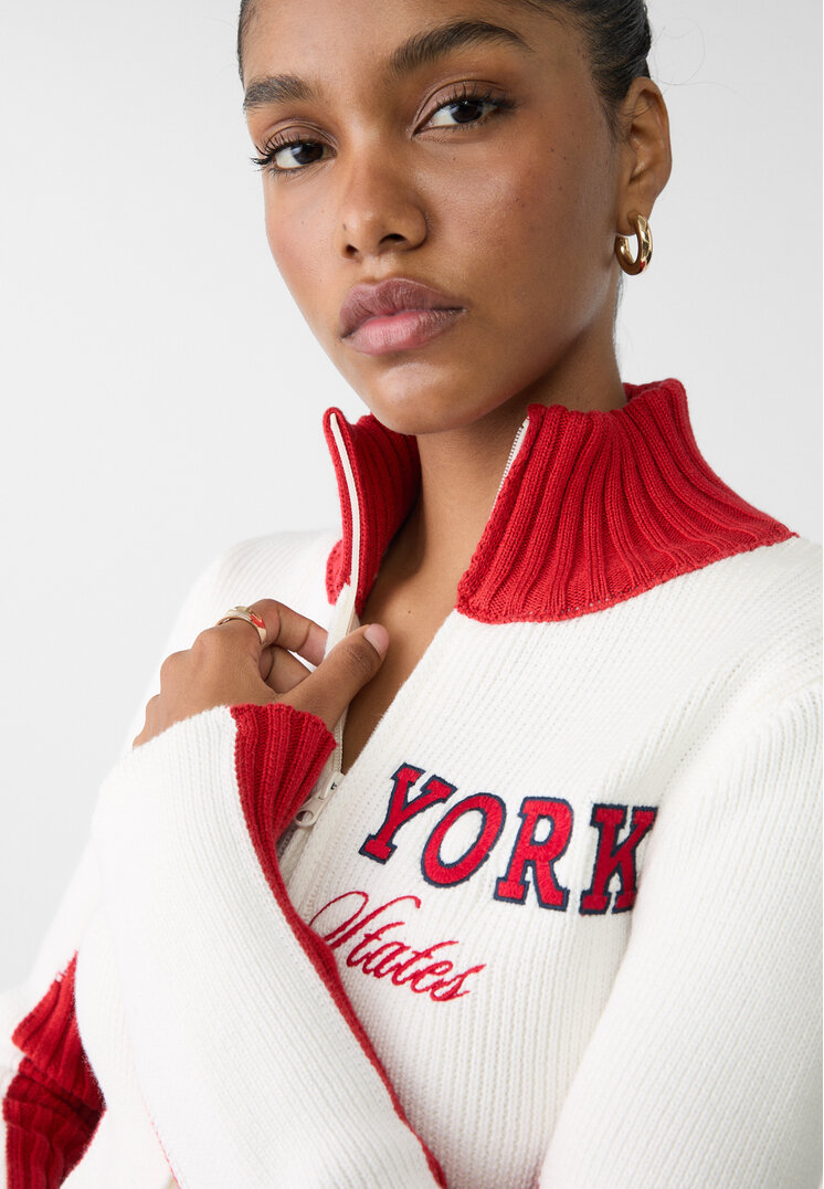 Stradivarius Knit cardigan with contrast embroidery White L