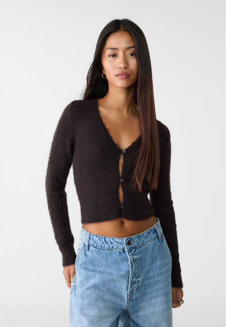 Stradivarius Cardigan cropped in maglia con bottoni  Marrone L