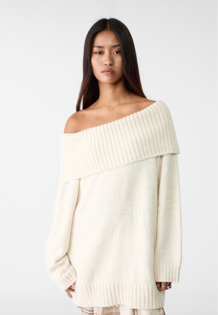 Stradivarius Pulover Din Tricot Cu Umeri Goi Ecru S