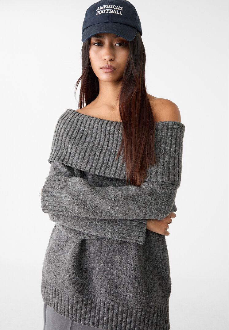 Stradivarius Pulover Din Tricot Cu Umeri Goi Gri Închis Xs