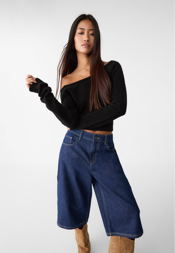 Stradivarius Pulover Asimetric Din Tricot Negru L