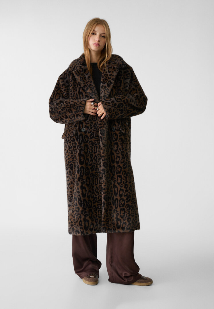 Stradivarius Palton Lung Din Imitație De Blană Leopard Maro Xl