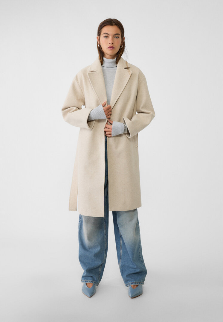 Stradivarius Palton Moale La Atingere Cu Cordon Ecru M