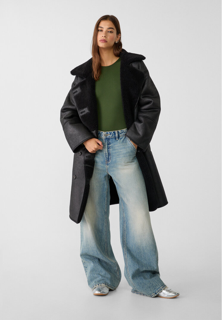 Stradivarius Palton Lung Tip Cojoc Negru Xl