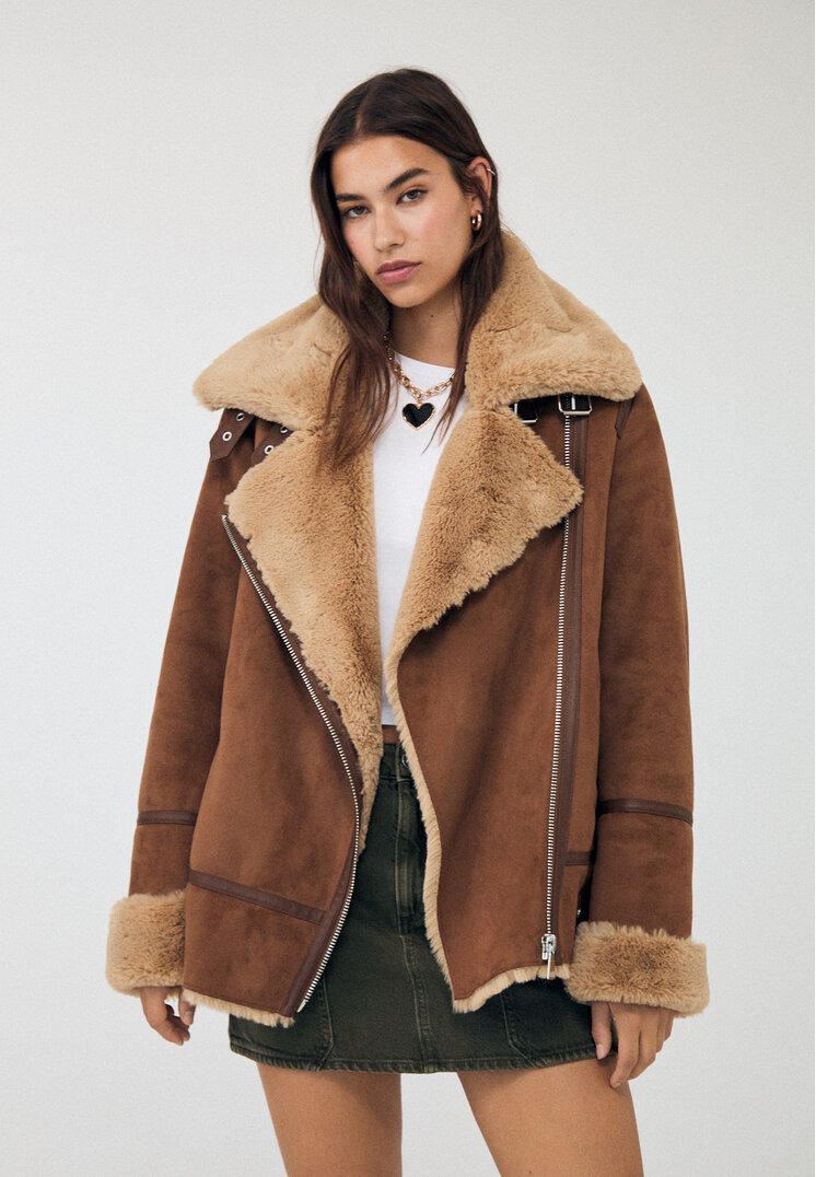 Stradivarius Geacă Biker Cu Două Fețe Din Blană Moale Caramel M