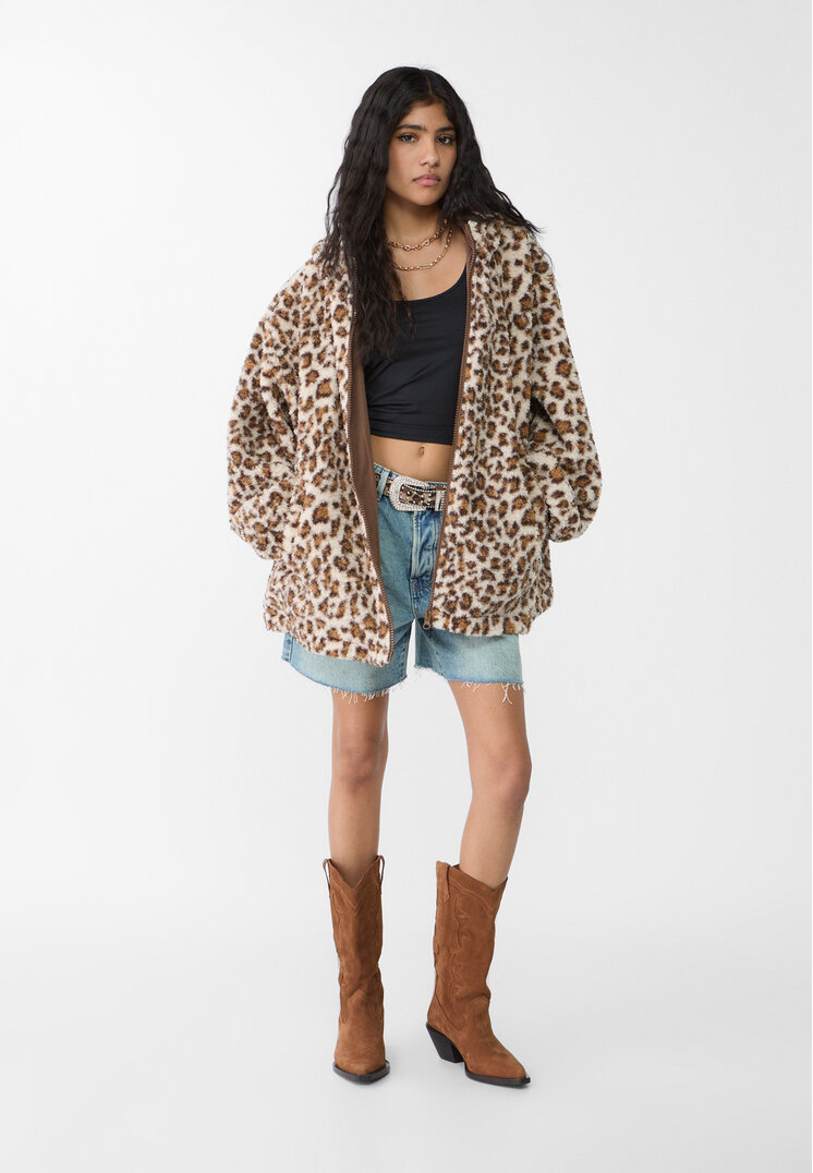 Stradivarius Geacă Oversize Leopard Cu Blană De Miel Sintetică Bej S