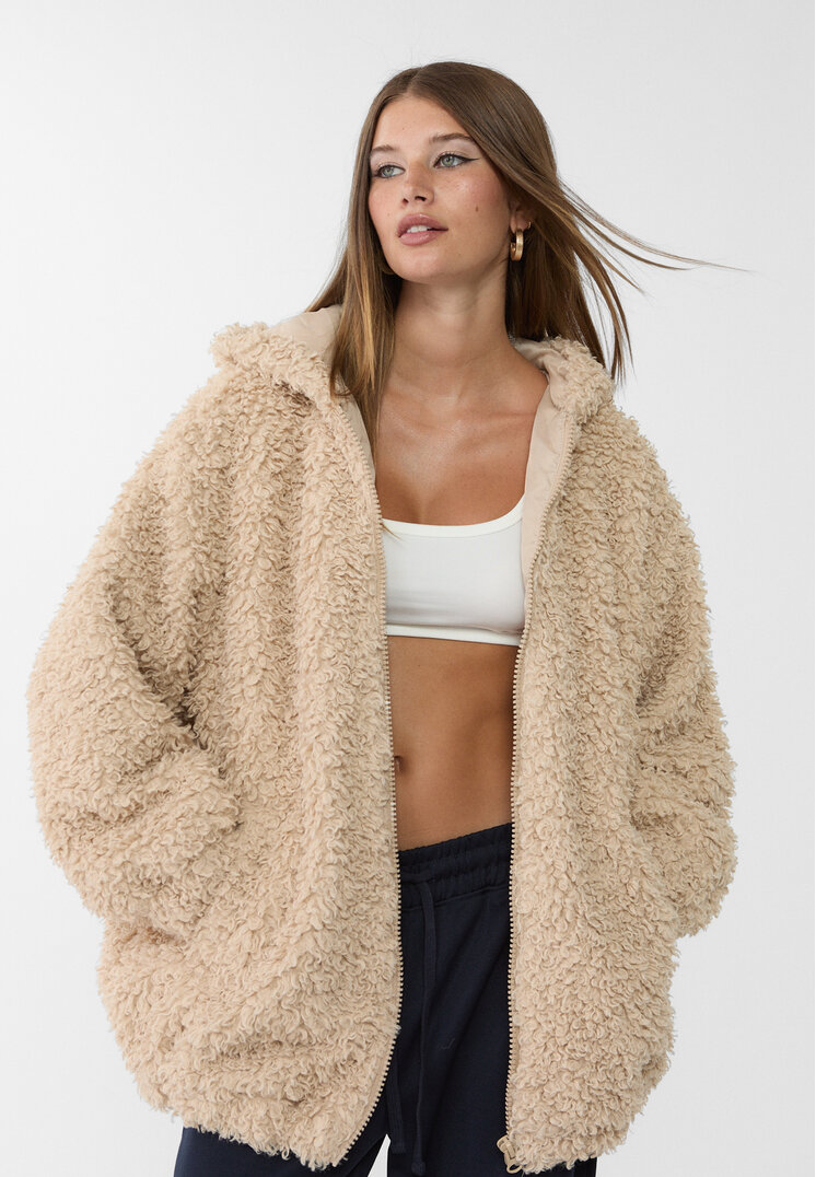 Stradivarius Geacă Oversize Cu Blană De Miel Sintetică Și Glugă Piatră M