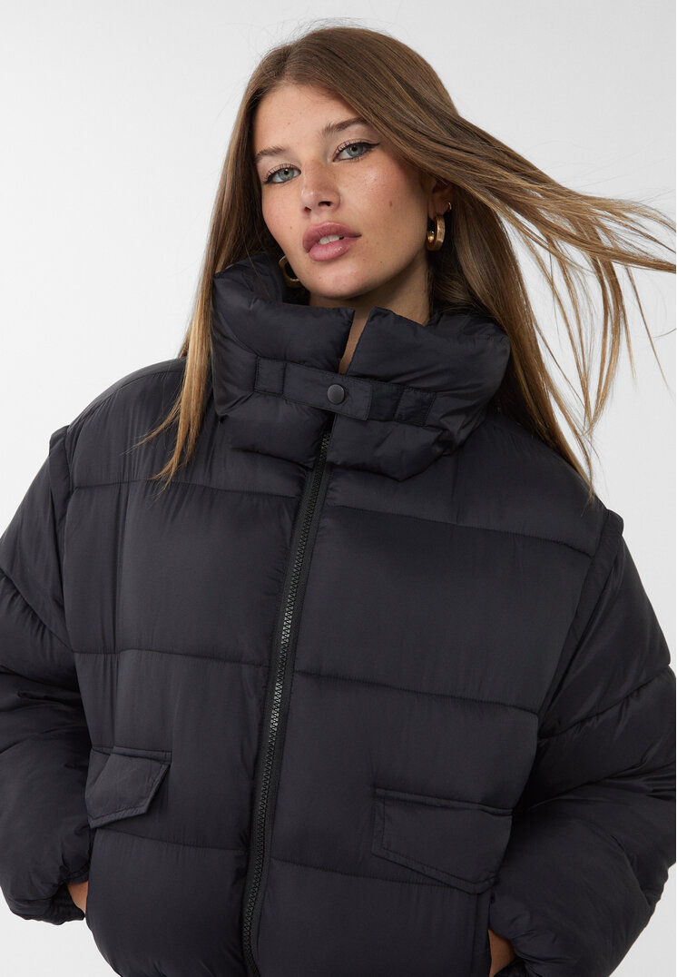 Stradivarius Geacă Matlasată Cropped Cu Glugă Negru M