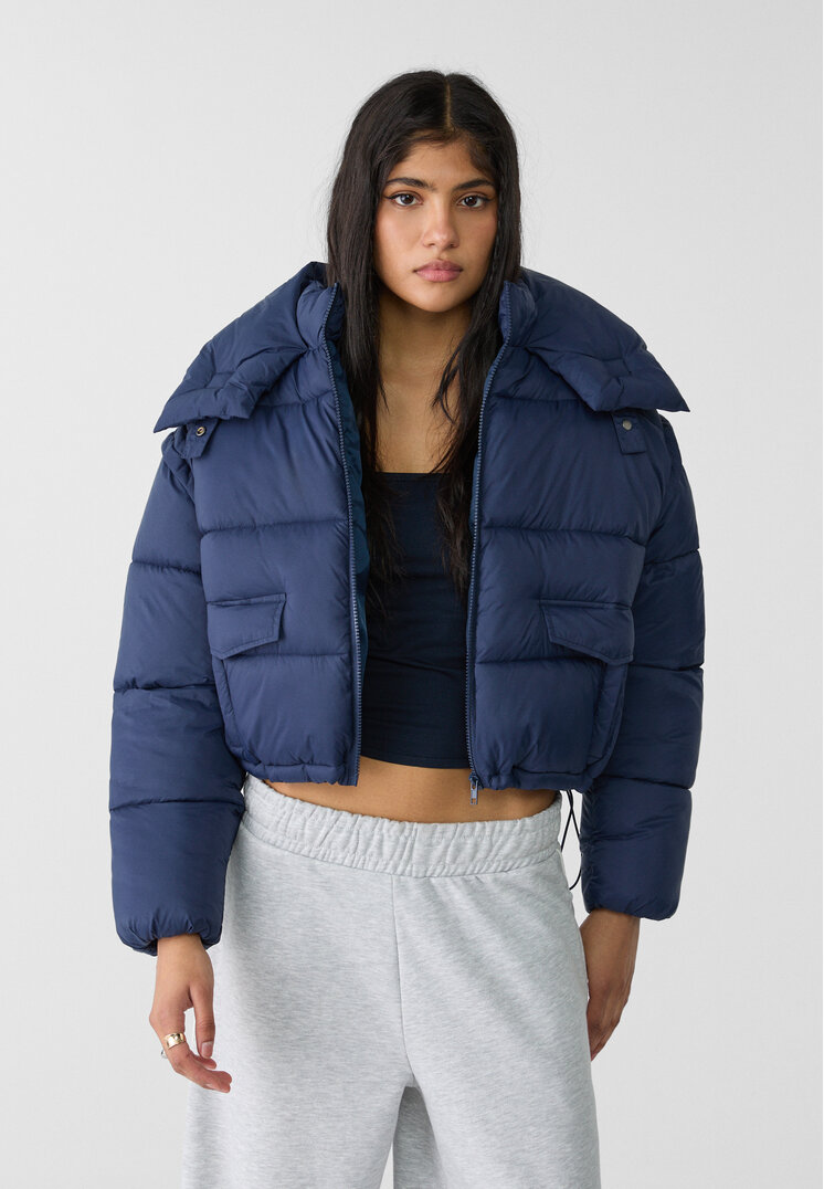 Stradivarius Cropped hooded puffer jacket Navy blue L