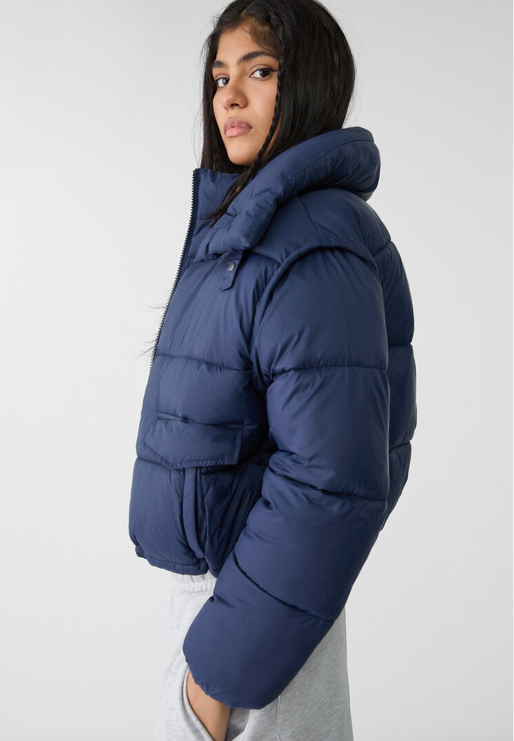 Stradivarius Cropped hooded puffer jacket  Navy blue L