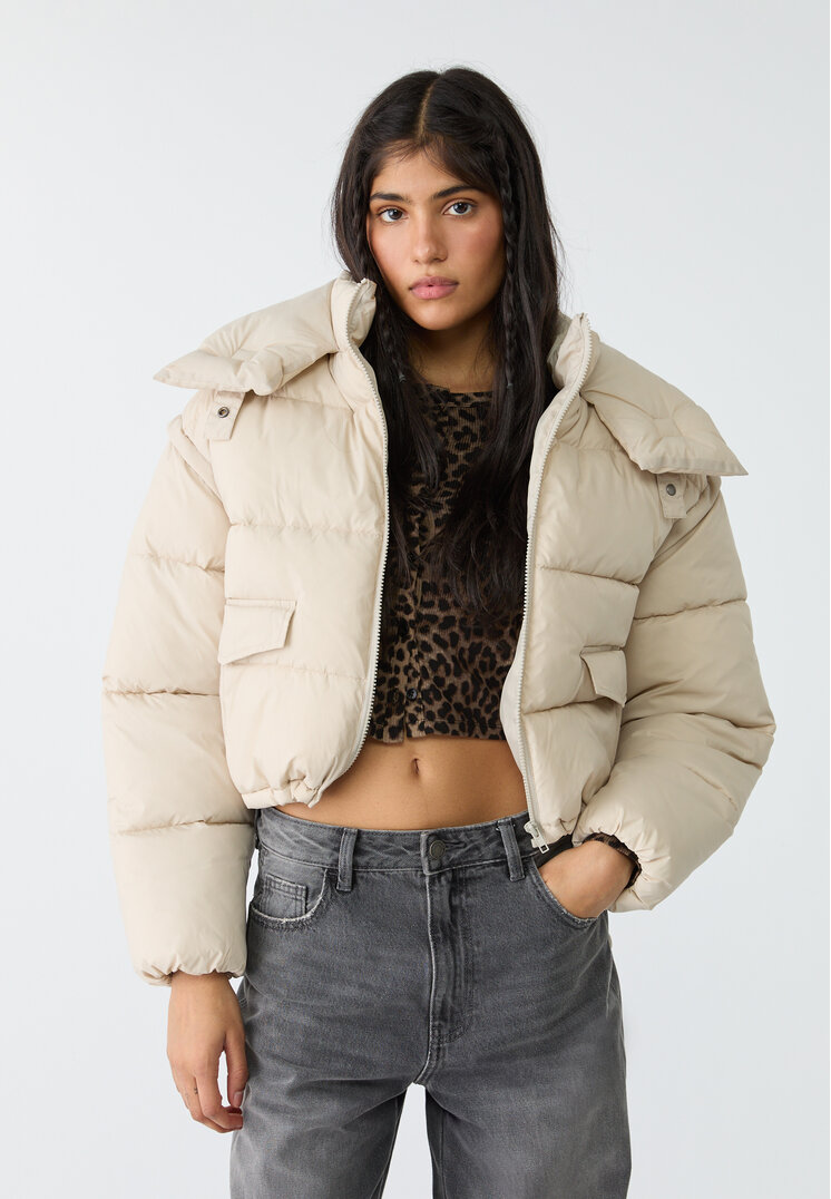 Stradivarius Cropped hooded puffer jacket Stone S
