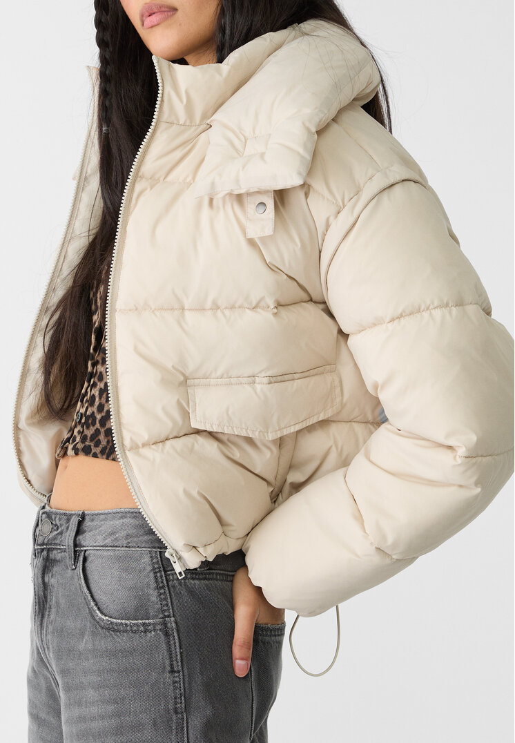 Stradivarius Cropped hooded puffer jacket  Stone S
