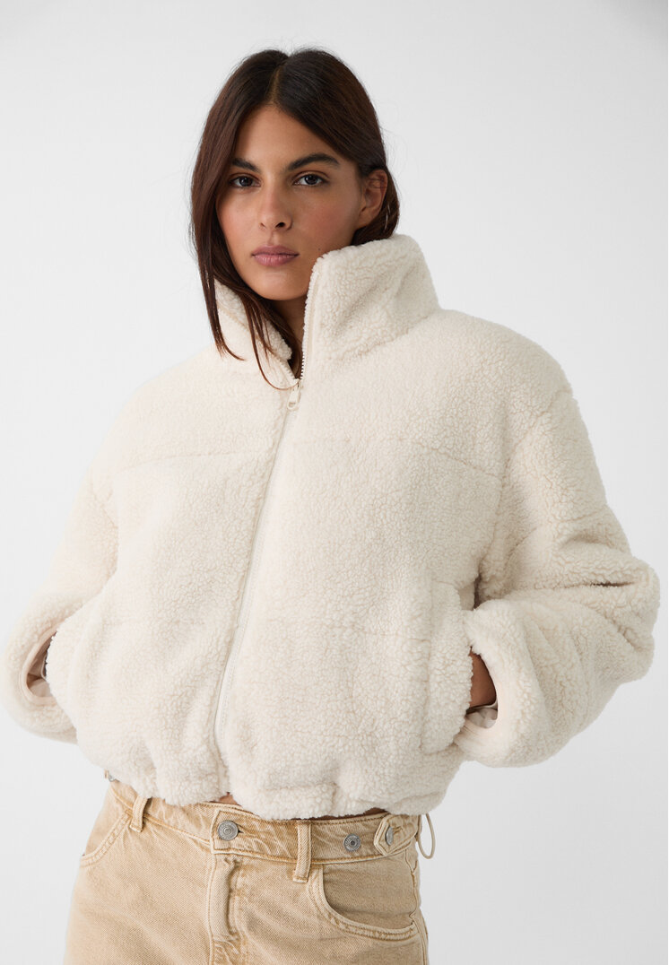 Stradivarius Geacă De Puf Cu Imitație De Blană De Miel Ecru Xs