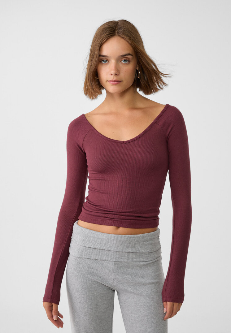 Stradivarius Tricou Reiat Cu Decolteu În V Grena S