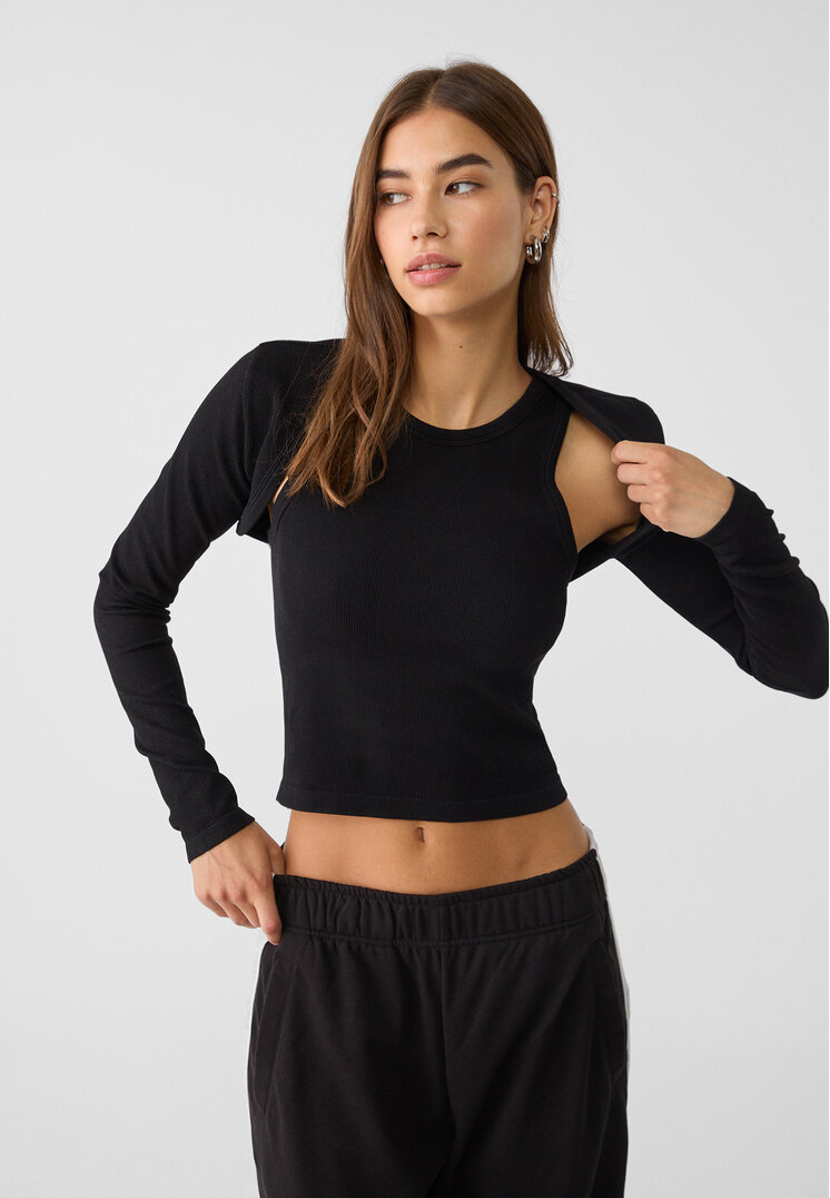 Stradivarius Set Tricou Cu Spate Tip Înotător Și Mâneci Negru S