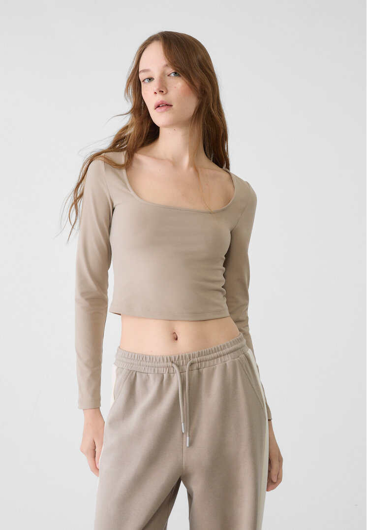 Stradivarius Top Scurt Cu Decolteu Pătrat Maro M