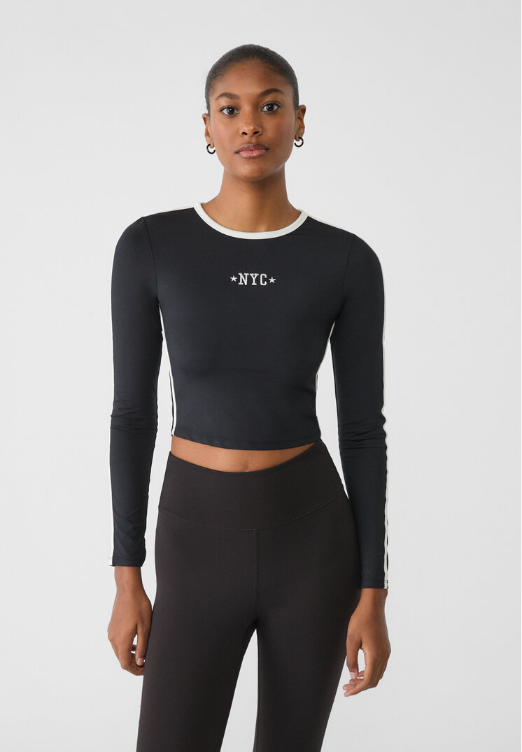 Stradivarius Tricou Din Poliamidă Cu Broderie Negru Xs