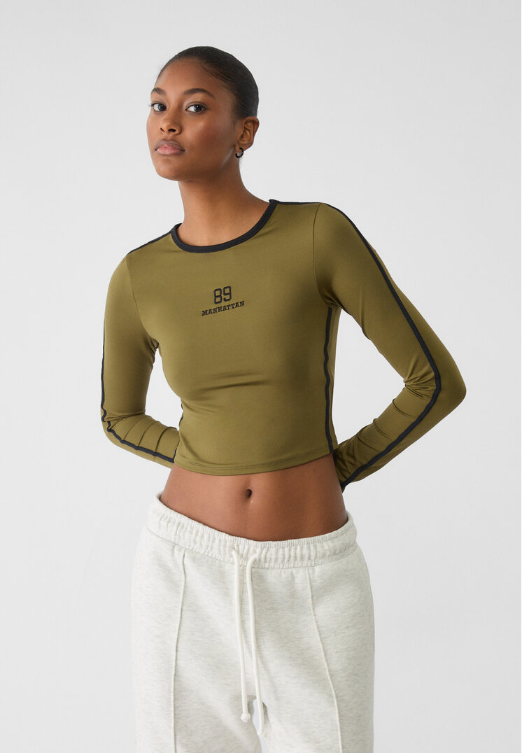 Stradivarius Tricou Din Poliamidă Cu Broderie Verde Măslină Xl