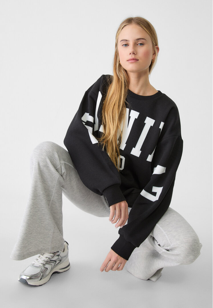 Stradivarius Bluză Sport Imprimeu Text Negru S