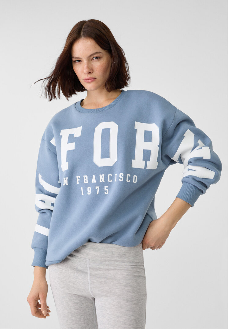 Stradivarius Bluză Sport Imprimeu Text Azuriu M