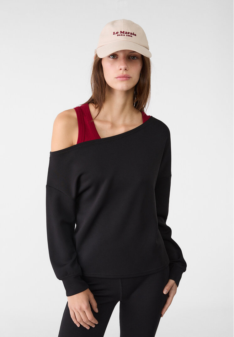 Stradivarius Hanorac Soft Cu Decolteu Bărcuță Negru S