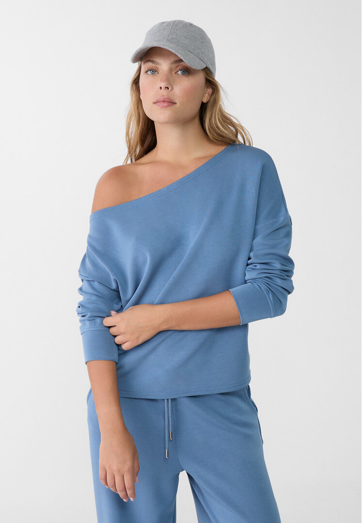 Stradivarius Hanorac Soft Cu Decolteu Bărcuță Azuriu Xs