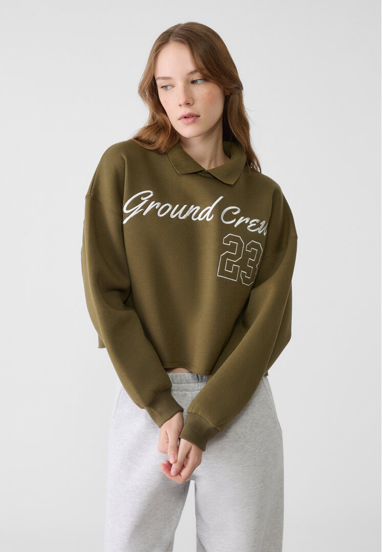 Stradivarius Hanorac Polo Cu Broderie Verde Măslină S